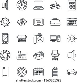 Thin Line Icon Set - airport bus vector, notebook pc, sun, bike, term, route, camera, speaker, laptop, mobile, phone back, eye id, office, chair, target, city house, sound, clock, calendar, case