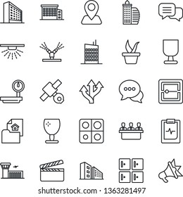 Thin Line Icon Set - airport building vector, checkroom, office, seedling, pulse clipboard, route, navigation, satellite, fragile, heavy scales, clapboard, dialog, scanner, application, meeting