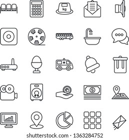 Thin Line Icon Set - airport bus vector, trash bin, waiting area, ambulance car, navigation, cash, heavy, reel, speaker, dialog, mail, rec button, menu, bell, place tag, video, monitor statistics