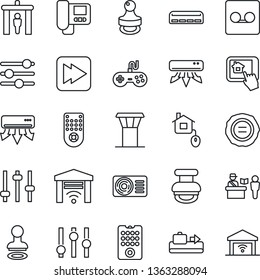 Thin Line Icon Set - airport tower vector, baggage conveyor, passport control, security gate, stamp, gamepad, settings, remote, fast forward, tuning, record, air conditioner, home, intercome, app