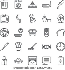 Thin Line Icon Set - airport bus vector, cafe, trash bin, washer, rake, sickle, dropper, scalpel, sea port, heavy scales, tv, message, mail, network, root setup, clock, hierarchy, fruit tree, waiter