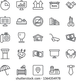 Thin Line Icon Set - airport tower vector, baggage conveyor, umbrella, no laptop, presentation board, brainstorm, lawn mower, heart hand, cash, office phone, fragile, up side sign, camera, stopwatch
