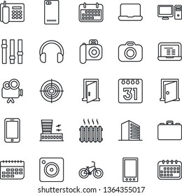 Thin Line Icon Set - airport building vector, mobile phone, office, case, notebook pc, bike, term, camera, settings, video, headphones, back, calendar, target, heater, door