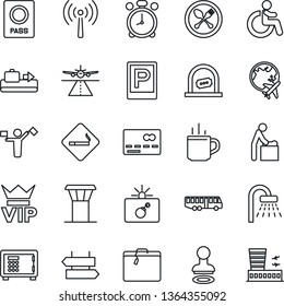 Thin Line Icon Set - airport tower vector, dispatcher, runway, antenna, suitcase, baggage conveyor, bus, parking, hot cup, spoon and fork, alarm clock, smoking place, signpost, vip, credit card