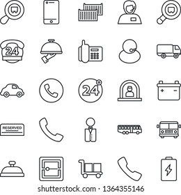 Thin Line Icon Set - airport bus vector, 24 around, phone, reception, office, hours, support, cargo container, car delivery, search, cell, call, scanner, waiter, reserved, battery