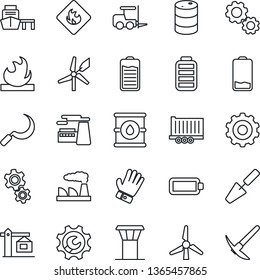 Thin Line Icon Set - airport tower vector, fork loader, gear, factory, trowel, glove, sickle, truck trailer, sea port, flammable, oil barrel, battery, low, root setup, windmill, crane, hard work