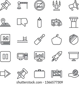 Thin Line Icon Set - airport tower vector, barrier, no laptop, right arrow, case, presentation board, statistic monitor, pumpkin, ambulance car, navigation, shield, rack, loudspeaker, finger down