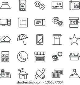 Thin Line Icon Set - airport tower vector, umbrella, credit card, ticket, gear, calculator, well, satellite, cargo container, cell phone, folder, office, meeting, sun panel, alcove, serviette, pc