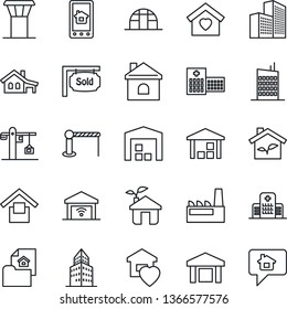 Thin Line Icon Set - airport tower vector, barrier, house, greenhouse, hospital, warehouse storage, office building, with garage, estate document, sold signboard, sweet home, city, crane, factory