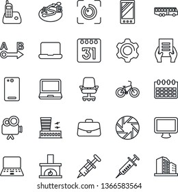 Thin Line Icon Set - airport bus vector, building, case, notebook pc, document, calendar, syringe, bike, route, video camera, monitor, laptop, radio phone, mobile, back, settings, eye id, fireplace