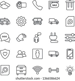 Thin Line Icon Set - airport bus vector, trash bin, male, clouds, speaking man, gear, document search, glove, ambulance car, barbell, heart shield, delivery, video camera, cell phone, dialog, group