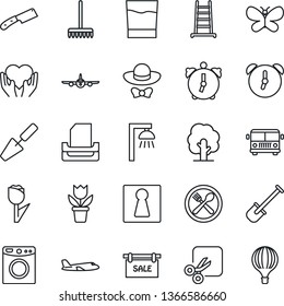 Thin Line Icon Set - airport bus vector, female, plane, flower in pot, trowel, shovel, rake, ladder, tree, butterfly, heart hand, tulip, alarm, cut, paper tray, sale, cafe, drink, dress code, knife