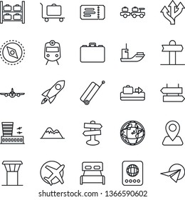 Thin Line Icon Set - airport tower vector, suitcase, baggage conveyor, trolley, train, signpost, ticket, passport, larry, plane, luggage storage, building, case, route, navigation, sea shipping