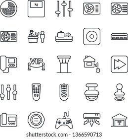 Thin Line Icon Set - airport tower vector, baggage conveyor, passport control, stamp, radar, scales, gamepad, settings, remote, fast forward, rec button, tuning, air conditioner, vip zone, home