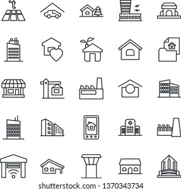 Thin Line Icon Set - airport tower vector, building, hospital, store, warehouse storage, house, with garage, tree, estate document, office, sweet home, city, crane, factory, cafe, eco, control app