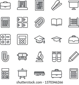 Thin Line Icon Set - airport bus vector, checkroom, book, calculator, graduate, abacus, presentation board, microscope, case, paper clip, pencil, stapler