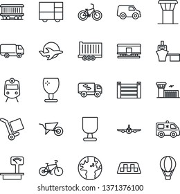 Thin Line Icon Set - airport tower vector, taxi, train, plane, building, wheelbarrow, ambulance car, bike, earth, railroad, truck trailer, delivery, sea port, container, consolidated cargo, fragile