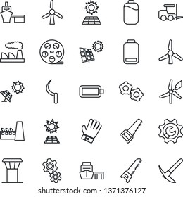Thin Line Icon Set - airport tower vector, fork loader, gear, factory, glove, saw, sickle, sea port, reel, low battery, root setup, sun panel, windmill, hard work