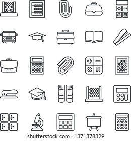 Thin Line Icon Set - airport bus vector, checkroom, book, calculator, graduate, abacus, presentation board, microscope, case, paper clip, stapler