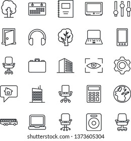 Thin Line Icon Set - airport bus vector, office building, chair, case, notebook pc, tree, settings, tv, headphones, laptop, speaker, mobile, calendar, copybook, calculator, city house, eye scan