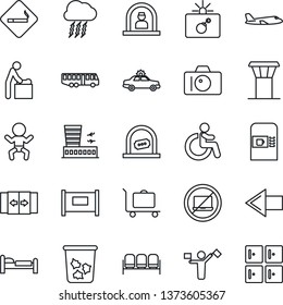 Thin Line Icon Set - airport tower vector, dispatcher, fence, baggage trolley, bus, coffee machine, automatic door, no laptop, smoking place, trash bin, waiting area, alarm car, bomb in case, baby