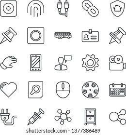 Thin Line Icon Set - airport bus vector, identity, mobile phone, speaking man, document search, mouse, glove, heart, syringe, term, reel, share, chain, paper pin, rec button, rca, settings, record