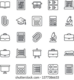 Thin Line Icon Set - airport bus vector, checkroom, book, calculator, graduate, abacus, presentation board, microscope, case, paper clip, stapler