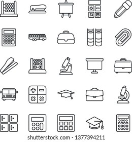 Thin Line Icon Set - airport bus vector, checkroom, book, calculator, graduate, abacus, presentation board, microscope, case, paper clip, pencil, stapler