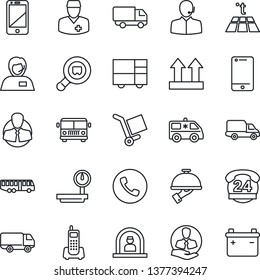 Thin Line Icon Set - airport bus vector, phone, reception, ambulance car, doctor, office, 24 hours, support, client, delivery, consolidated cargo, up side sign, heavy scales, search, cell, waiter