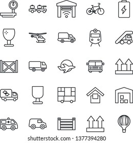 Thin Line Icon Set - Airport Bus Vector, Train, Baggage Larry, Ladder Car, Helicopter, Ambulance, Bike, Plane, Delivery, Container, Consolidated Cargo, Fragile, Warehouse Storage, Up Side Sign