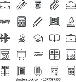Thin Line Icon Set - airport bus vector, checkroom, book, calculator, graduate, abacus, presentation board, microscope, case, paper clip, pencil, stapler