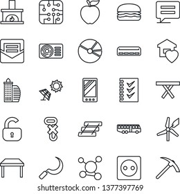 Thin Line Icon Set - airport bus vector, sickle, picnic table, molecule, no hook, mobile, message, mail, pie graph, checklist, paper tray, office building, lock, sweet home, fireplace, hamburger