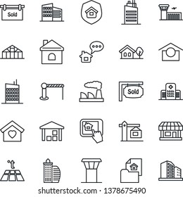 Thin Line Icon Set - airport tower vector, barrier, building, factory, house, greenhouse, hospital, store, warehouse storage, with tree, estate document, sold signboard, office, sweet home, city