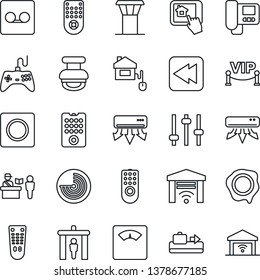 Thin Line Icon Set - airport tower vector, baggage conveyor, passport control, security gate, radar, stamp, scales, gamepad, remote, rewind, tuning, record, air conditioner, vip zone, home, app