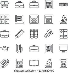 Thin Line Icon Set - airport bus vector, checkroom, book, calculator, graduate, abacus, presentation board, microscope, case, paper clip, pencil, stapler