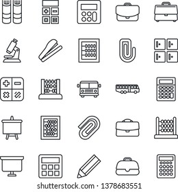 Thin Line Icon Set - airport bus vector, checkroom, book, calculator, abacus, presentation board, microscope, case, paper clip, pencil, stapler