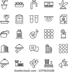 Thin Line Icon Set - airport building vector, office, seedling, blood test vial, pulse clipboard, route, heavy scales, railroad, dialog, menu, music, water supply, estate document, flower in pot