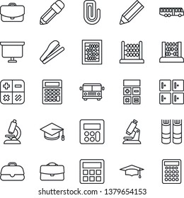 Thin Line Icon Set - airport bus vector, checkroom, book, calculator, graduate, abacus, presentation board, microscope, case, paper clip, pencil, stapler