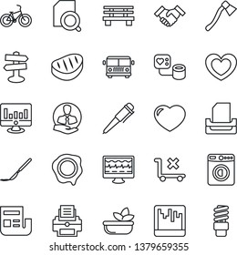 Thin Line Icon Set - airport bus vector, washer, pen, statistic monitor, stamp, axe, bench, heart, pulse, blood pressure, scalpel, bike, signpost, client, no trolley, scanner, news, document search