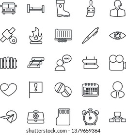 Thin Line Icon Set - airport bus vector, alarm clock, signpost, fence, boot, fire, doctor case, pills, hospital bed, eye, important flag, satellite, truck trailer, video camera, speaker, heart, sd