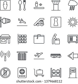 Thin Line Icon Set - airport tower vector, antenna, departure, arrival, suitcase, baggage trolley, bus, spoon and fork, escalator, no mobile, male, female, baby room, passport, shop, left arrow, sun