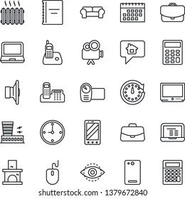 Thin Line Icon Set - airport building vector, mobile phone, case, mouse, notebook pc, fireplace, speaker, tv, video camera, laptop, radio, back, eye id, calendar, copybook, clock, calculator, office