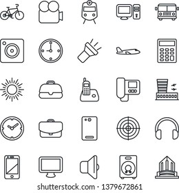 Thin Line Icon Set - airport bus vector, train, sun, plane, building, bike, video camera, cell phone, headphones, monitor, radio, speaker, back, mobile, torch, clock, calculator, target, intercome