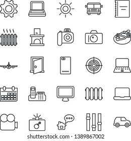 Thin Line Icon Set - airport bus vector, bomb in case, camera, plane, notebook pc, calendar, sun, fireplace, route, settings, video, monitor, phone back, copybook, office, target, heater, radiator