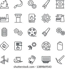 Thin Line Icon Set - airport tower vector, fork loader, gear, factory, glove, saw, sickle, truck trailer, flammable, oil barrel, reel, battery, root setup, windmill, water heater, sun panel