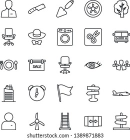 Thin Line Icon Set - airport bus vector, automatic door, plane, office chair, trowel, ladder, tree, eye, signpost, user, alarm, cut, sale, city house, cafe, dress code, knife, fan, washer, windmill