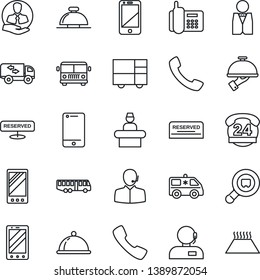 Thin Line Icon Set - airport bus vector, reception bell, mobile phone, ambulance car, office, 24 hours, client, consolidated cargo, search, cell, call, support, moving, waiter, dish, reserved