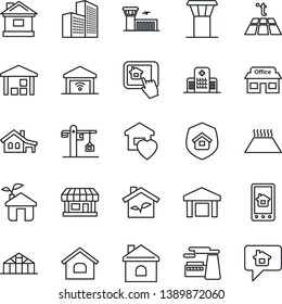 Thin Line Icon Set - airport tower vector, building, factory, house, greenhouse, hospital, store, warehouse, office, with garage, sweet home, crane, estate insurance, eco, control app, warm floor