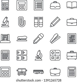 Thin Line Icon Set - airport bus vector, checkroom, book, calculator, abacus, microscope, case, paper clip, pencil, stapler