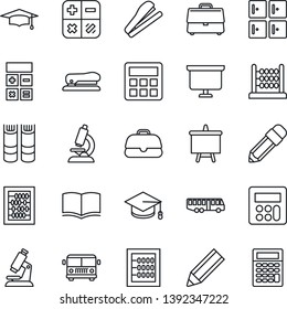 Thin Line Icon Set - airport bus vector, checkroom, book, calculator, graduate, abacus, presentation board, microscope, case, pencil, stapler